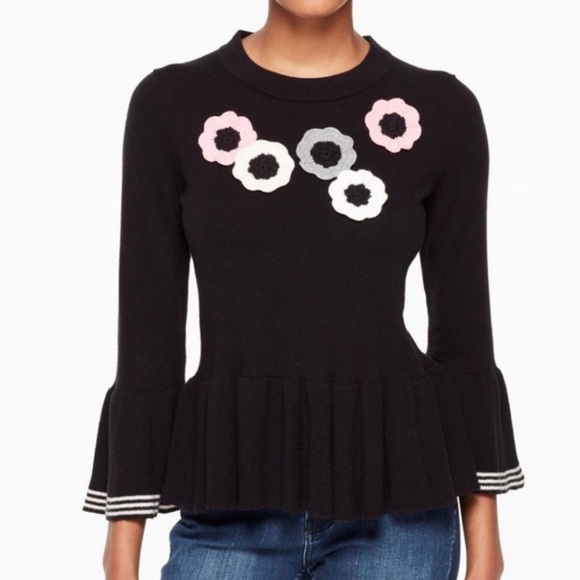 Kate Spade Floral Crochet Accent Bell Sleeve Peplum Sweater Small Wool NWOT - Picture 3 of 7